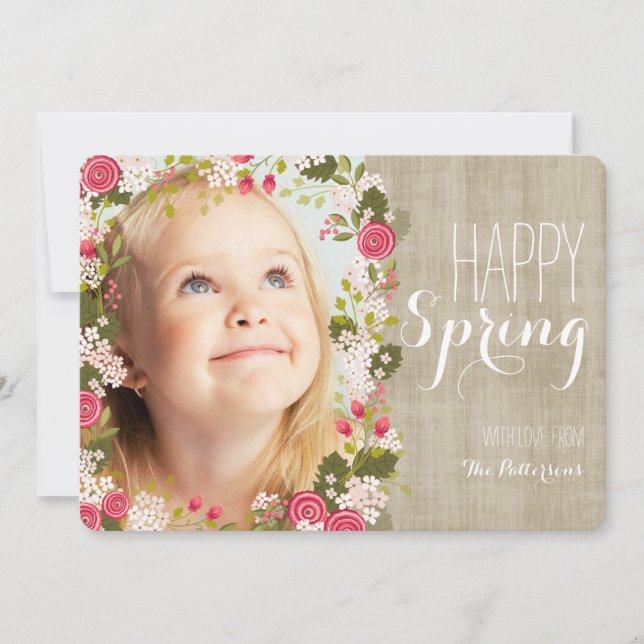 Lycklig Vår Blommigt | Linen Photo Greeting Card Kort (Framsida)