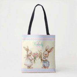 Lycklig Vår! Boy & Girl Bunny Rabbit med blommor Tygkasse