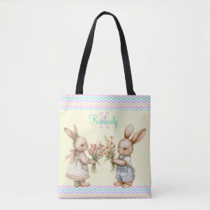 Lycklig Vår! Boy & Girl Bunny Rabbit med blommor Tygkasse