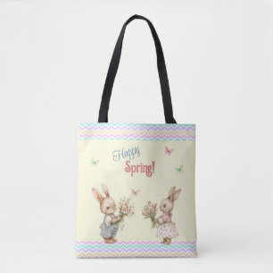 Lycklig Vår! Boy & Girl Bunny Rabbit med blommor Tygkasse