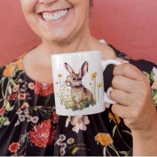 Lycklig Vår Watercolor Rabbit Gula blommor Mugg