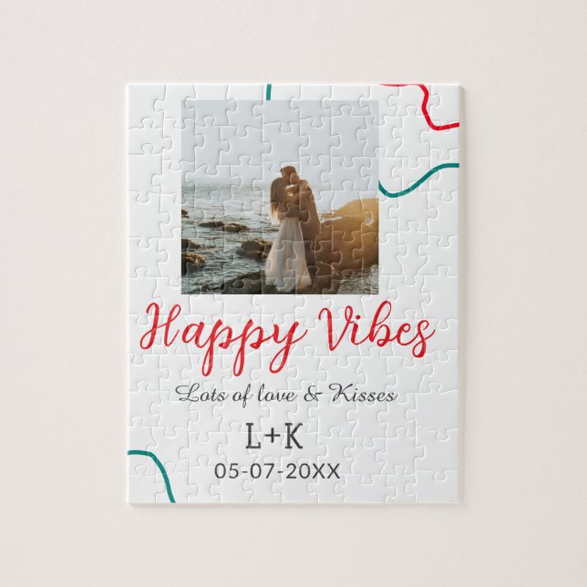 Lycklig Vibes helgdag par namn datum bröllop röd Pussel (Vertikal)