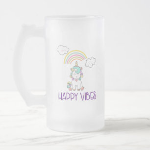 Lycklig Vibes Typography Cute Smiling Unicorn Frostat Ölglas