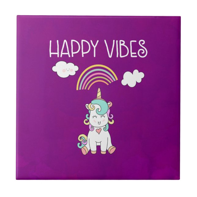 Lycklig Vibes Typography Cute Smiling Unicorn Kakelplatta (Framsidan)