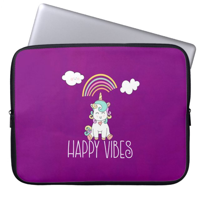 Lycklig Vibes Typography Cute Smiling Unicorn Laptop Sleeve (Framsidan)