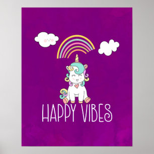 Lycklig Vibes Typography Cute Smiling Unicorn Poster