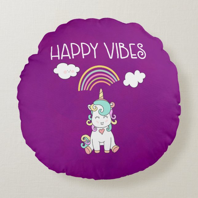 Lycklig Vibes Typography Cute Smiling Unicorn Rund Kudde (Framsidan)