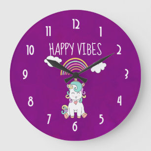 Lycklig Vibes Typography Cute Smiling Unicorn Stor Klocka