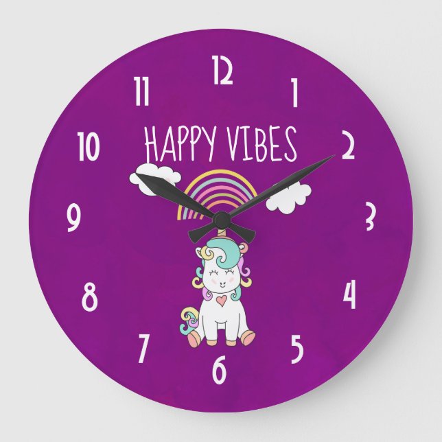 Lycklig Vibes Typography Cute Smiling Unicorn Stor Klocka (Framsida)