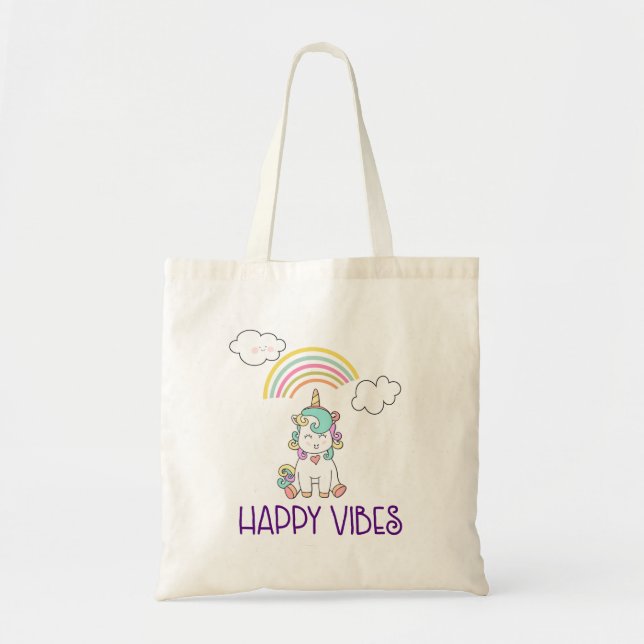 Lycklig Vibes Typography Cute Smiling Unicorn Tygkasse (Framsidan)