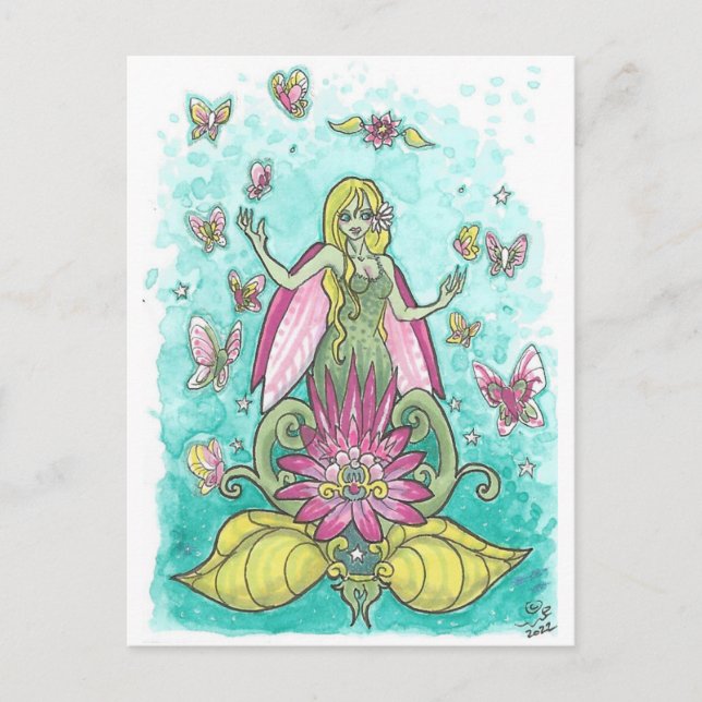 Lycklig Vingar Fairy + Butterflies Fantasy Art Pri Vykort (Framsida)