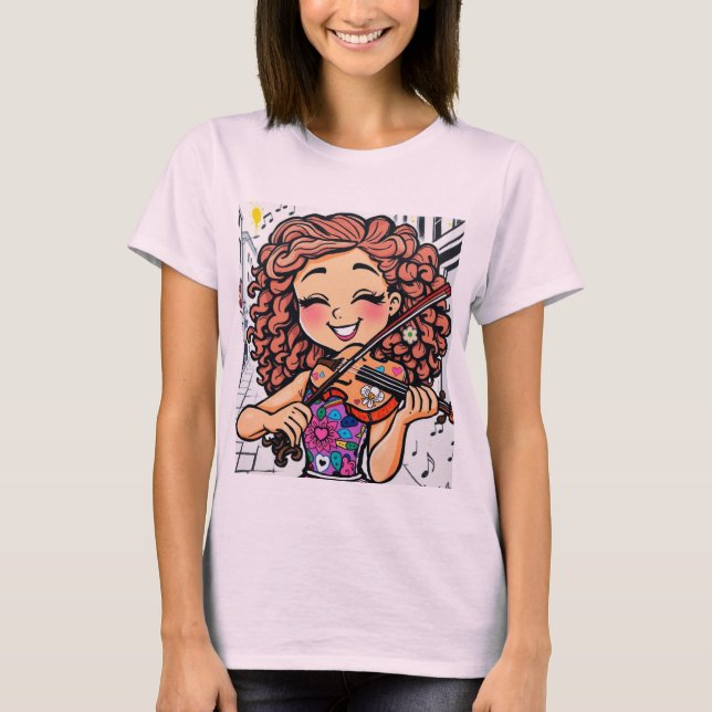 Lycklig Violin Girl Tecknad for Music Älskare T Shirt (Framsida)