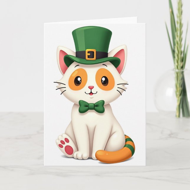 Lycklig Vit Katt St Patricks Day-kort Kort (Framsida)