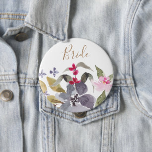 Lycklig Watercolor Blommigt Bröllop Bride Knapp