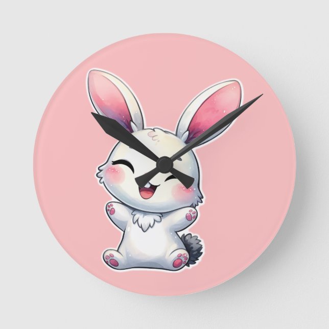 Lycklig Watercolor Bunny Rund Klocka (Framsida)