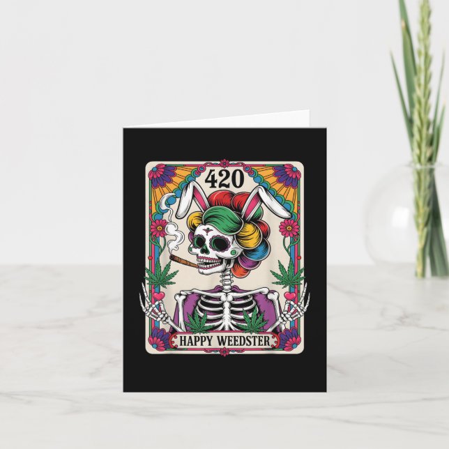 Lycklig Weedster Påsk Skeleton Smoking Ogräs Tarot Kort (Framsida)