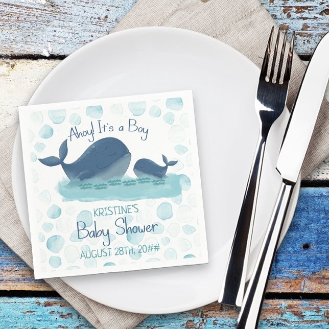 Lycklig Whale Ahoy Det är en pojkvän-babyskor Part Pappersservett (Boy baby shower napkins from my Happy Whale collection. Message if you need different items.
)