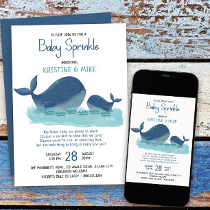 Lycklig Whale Watercolor Boy Baby Sprinkle Inbjudningar