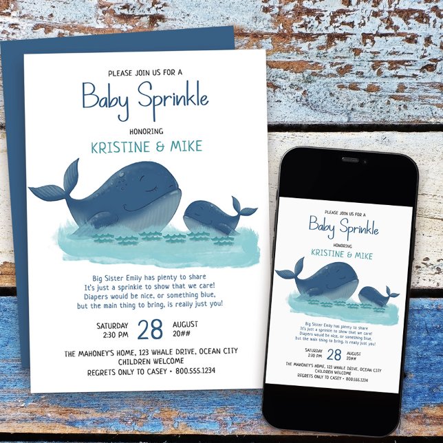 Lycklig Whale Watercolor Boy Baby Sprinkle Inbjudningar (Baby Sprinkle Invitation from my Happy Whale collection. Message if you need different items
)