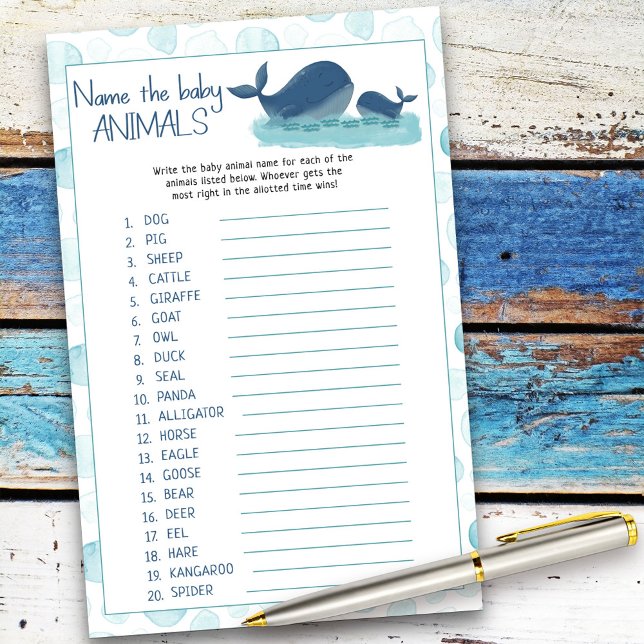 Lycklig Whales Baby djur Baby Shower Quiz-spel (Baby Shower game card from my Happy Whale collection. Message if you need different items.)