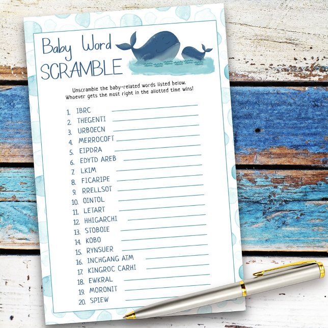 Lycklig Whales Baby Ord-skammusslor för babyskor (Baby Shower game card from my Happy Whale collection. Message if you need different items.)