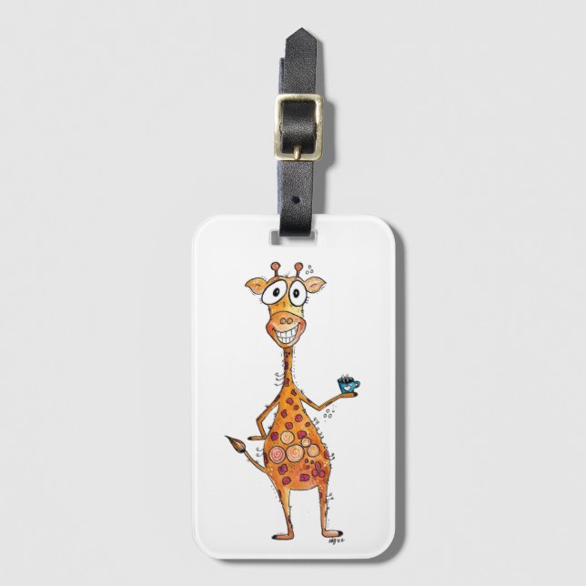 Lycklig Whimsical Giraffe Drinking Coffee Bagagebricka (Framsida vertikal)