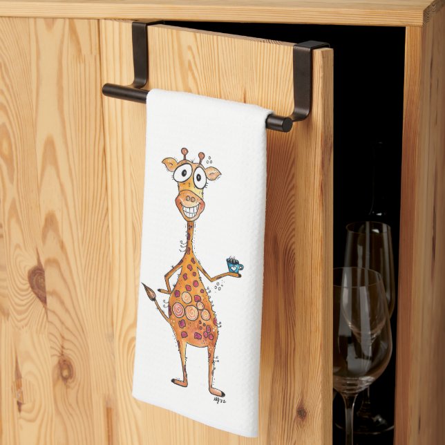 Lycklig Whimsical Giraffe Drinking Coffee Kökshandduk (Thirds Fold)