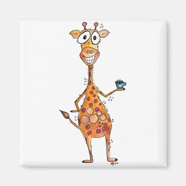 Lycklig Whimsical Giraffe Drinking Coffee Magnet (Framsidan)