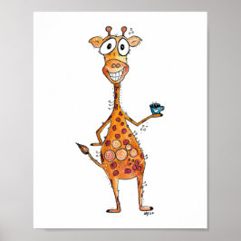 Lycklig Whimsical Giraffe Drinking Coffee Poster