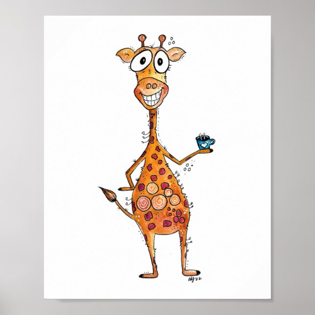 Lycklig Whimsical Giraffe Drinking Coffee Poster (Framsidan)