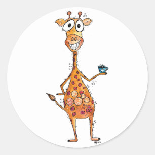 Lycklig Whimsical Giraffe Drinking Coffee Runt Klistermärke