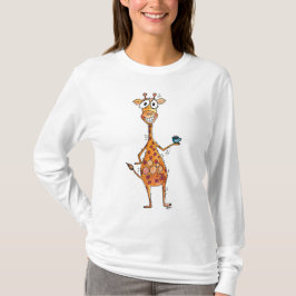 Lycklig Whimsical Giraffe Drinking Coffee T Shirt