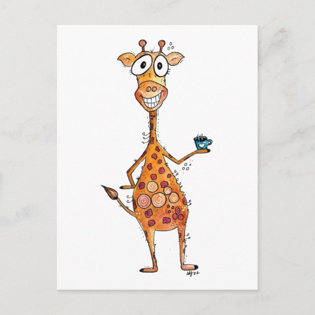 Lycklig Whimsical Giraffe Drinking Coffee Vykort (Framsida)