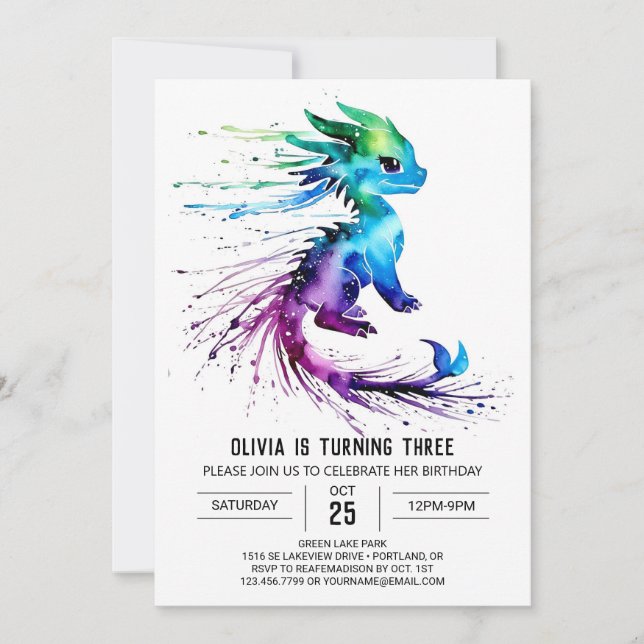 Lycklig Whimsique Dragon Digital Girl Birthday Inbjudningar (Framsida)