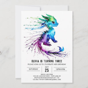 Lycklig Whimsique Dragon Digital Girl Birthday Inbjudningar