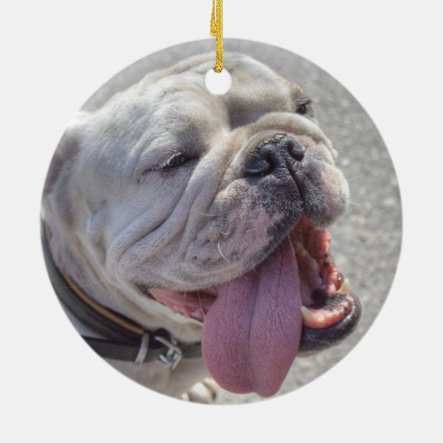 Lycklig White Bulldog Julgransprydnad Keramik (Baksidan)