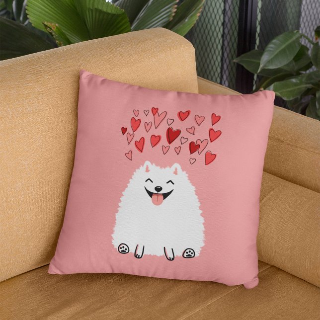 Lycklig White Pommern Hund med Rosa Hearts Kudde (Skapare uppladdad)