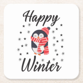 Lycklig Winter, Cute Penguin Underlägg Papper Kvadrat