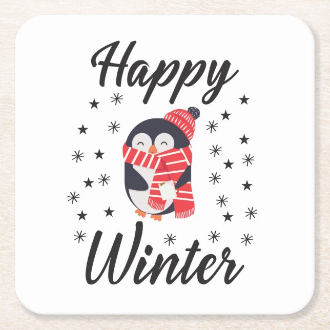 Lycklig Winter, Cute Penguin Underlägg Papper Kvadrat (Framsidan)