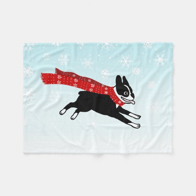 Lycklig Winter Roligt Boston Terrier med Red Scarf Fleecefilt (Framsidan (Horisontell))