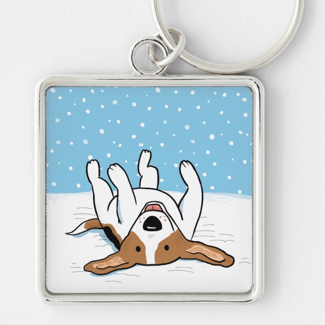 Lycklig Winter Snö Beagle - Cute Tecknad hund Fyrkantig Silverfärgad Nyckelring (Framsidan)
