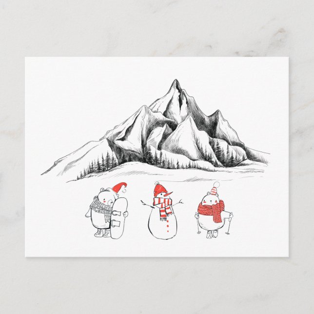 Lycklig Winter Sport Snögubbe Ski Snowboard Vykort (Framsida)