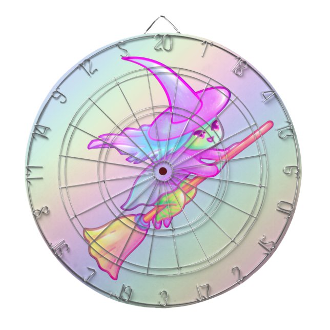 Lycklig Witch som flyger på Broomstick Teckning Darttavla (Framsidan)
