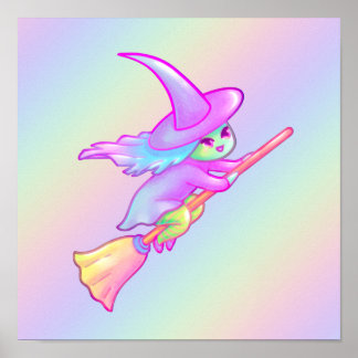 Lycklig Witch som flyger på Broomstick Teckning Poster