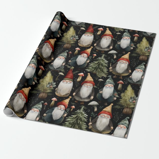 Lycklig Woodland Jul Gnomes Wrapping Papper Presentpapper (Utrullad)