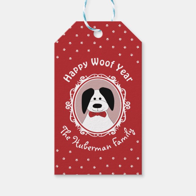 "Lycklig Woof Year" - Julen Hund i gryningen Presentetikett (Framsidan)