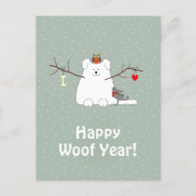"Lycklig Woof Year" Snowdog-vykort för julgranar