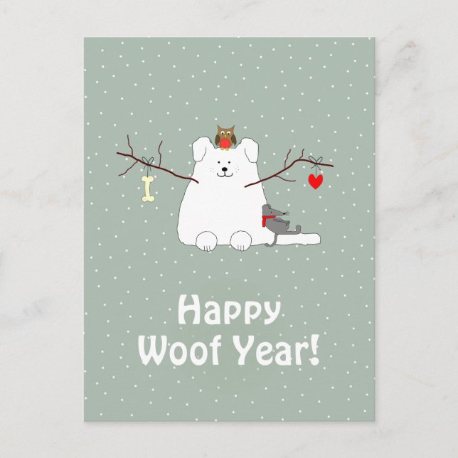 "Lycklig Woof Year" Snowdog-vykort för julgranar Vykort (Framsida)