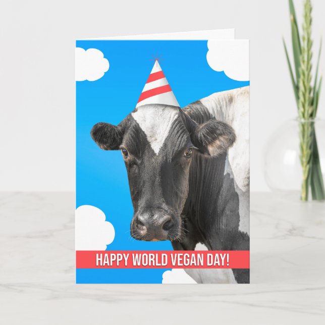 Lycklig World Vegan Day Cute Cow i Party Hat Helgkort (Framsida)
