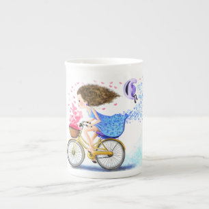 Lycklig Young Girl med Bike Mugg Benporslin Mugg